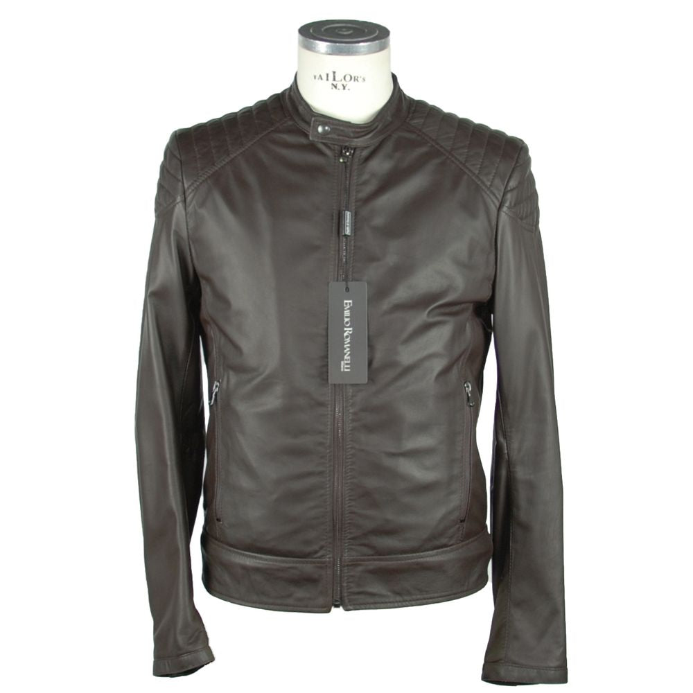 Emilio Romanelli Brown Leather Zip Jacket Essential
