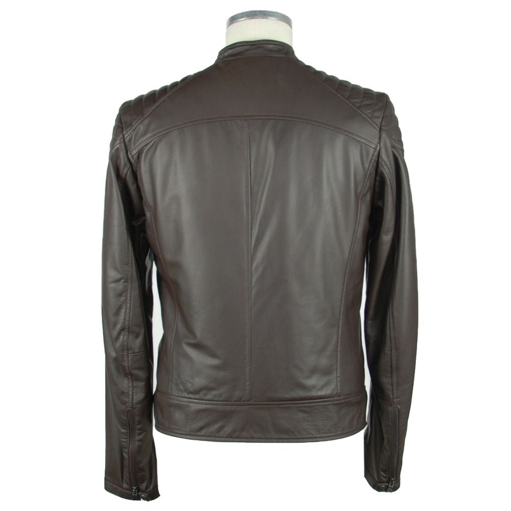 Emilio Romanelli Brown Leather Zip Jacket Essential