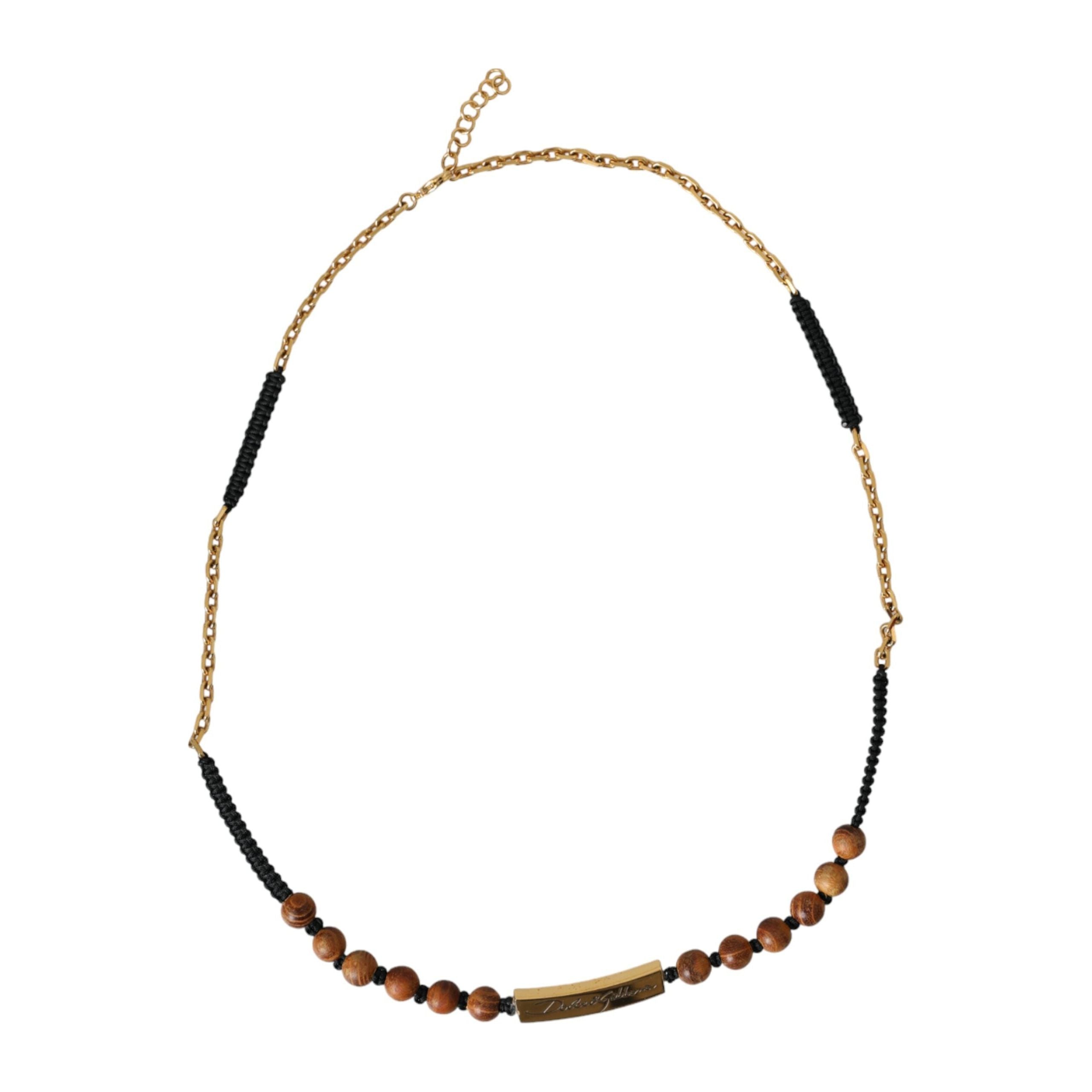 Dolce & Gabbana Black Gold Wooden Beaded Logo Pendant Necklace