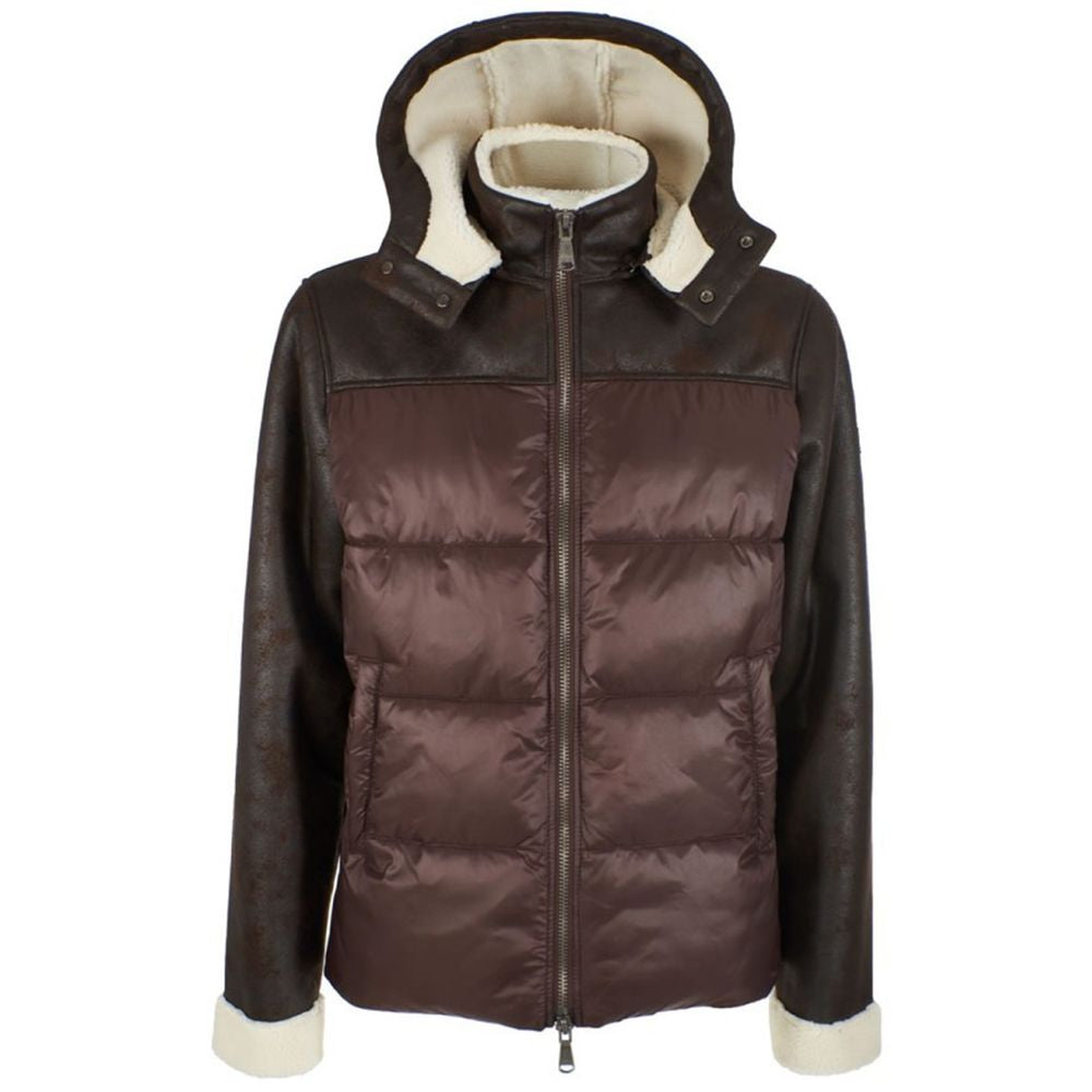 Yes Zee Brown Nylon Quilted Jacket for Elevated Style