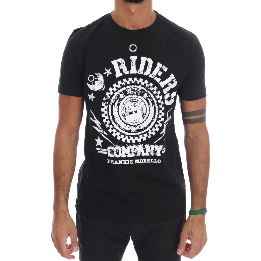 Frankie Morello Black Cotton Crewneck Tee with 'RIDERS' Motif