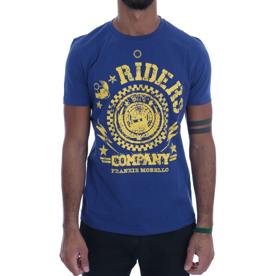 Frankie Morello Blue Cotton Tee with Riders Motif