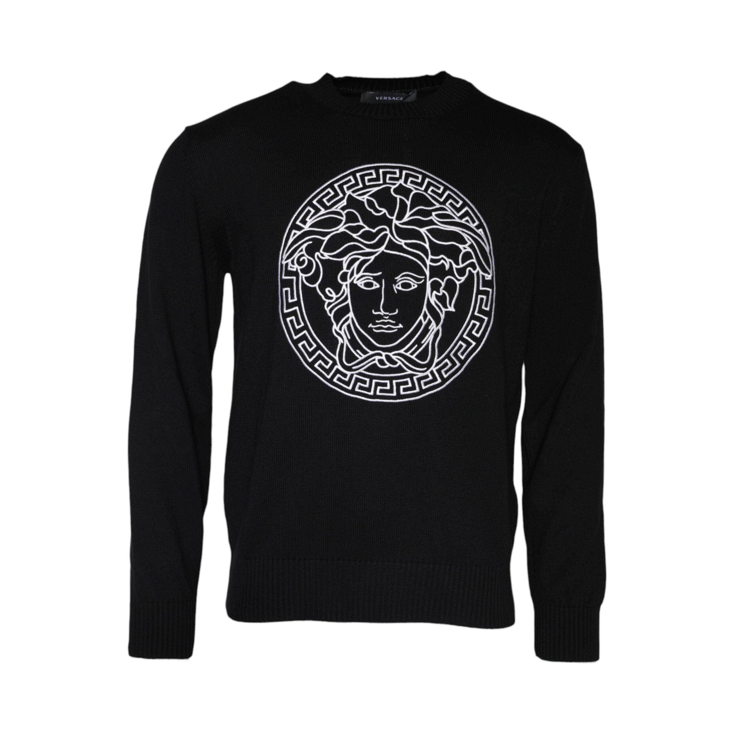 Versace Black Cotton Crew Neck Pullover Sweater