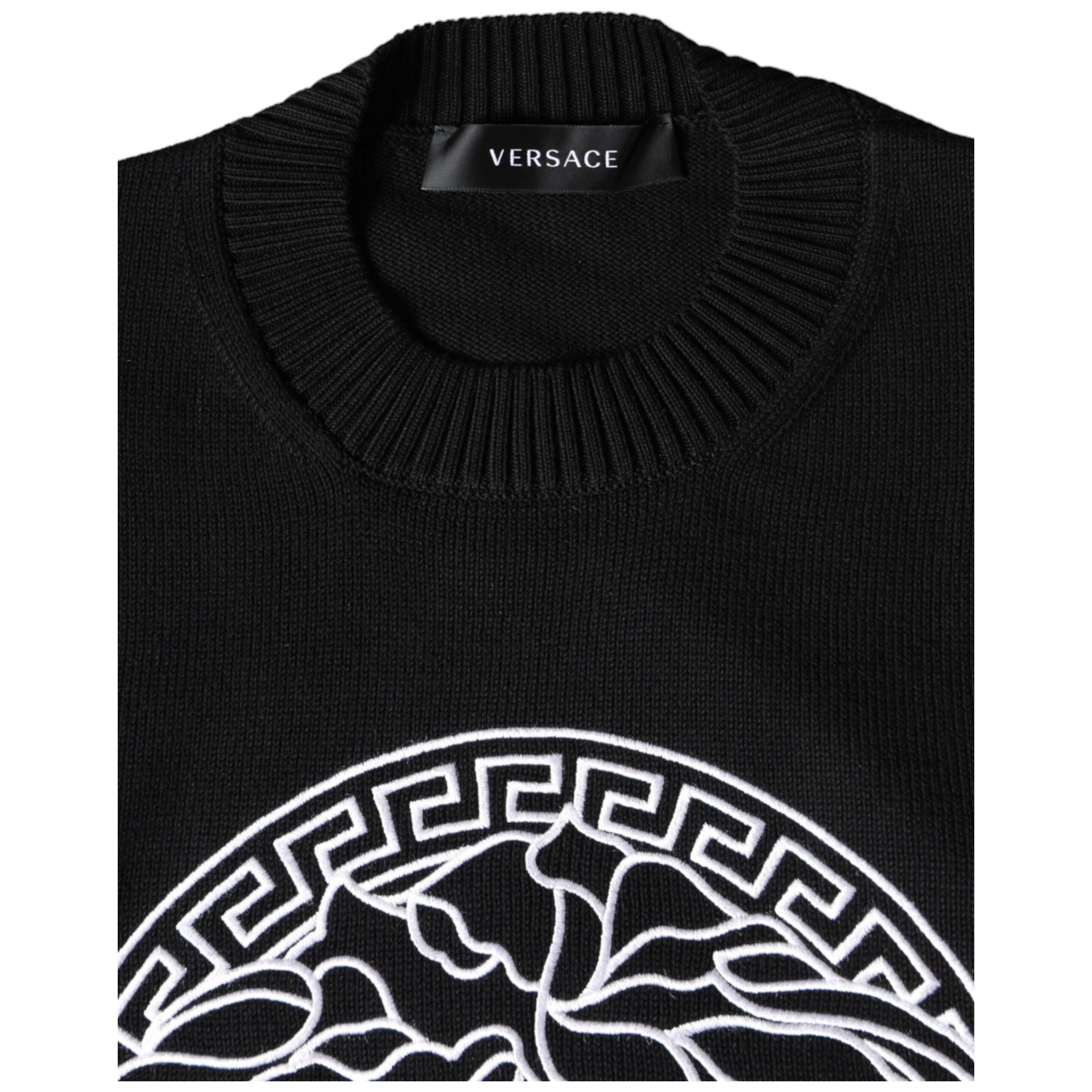 Versace Black Cotton Crew Neck Pullover Sweater