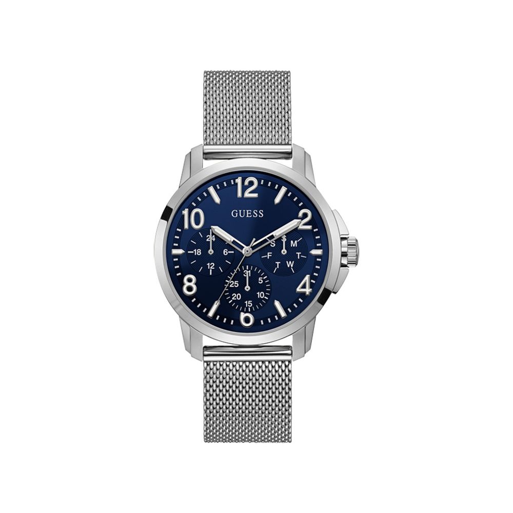 Guess Silver Steel Watch with Striking Blue Dial