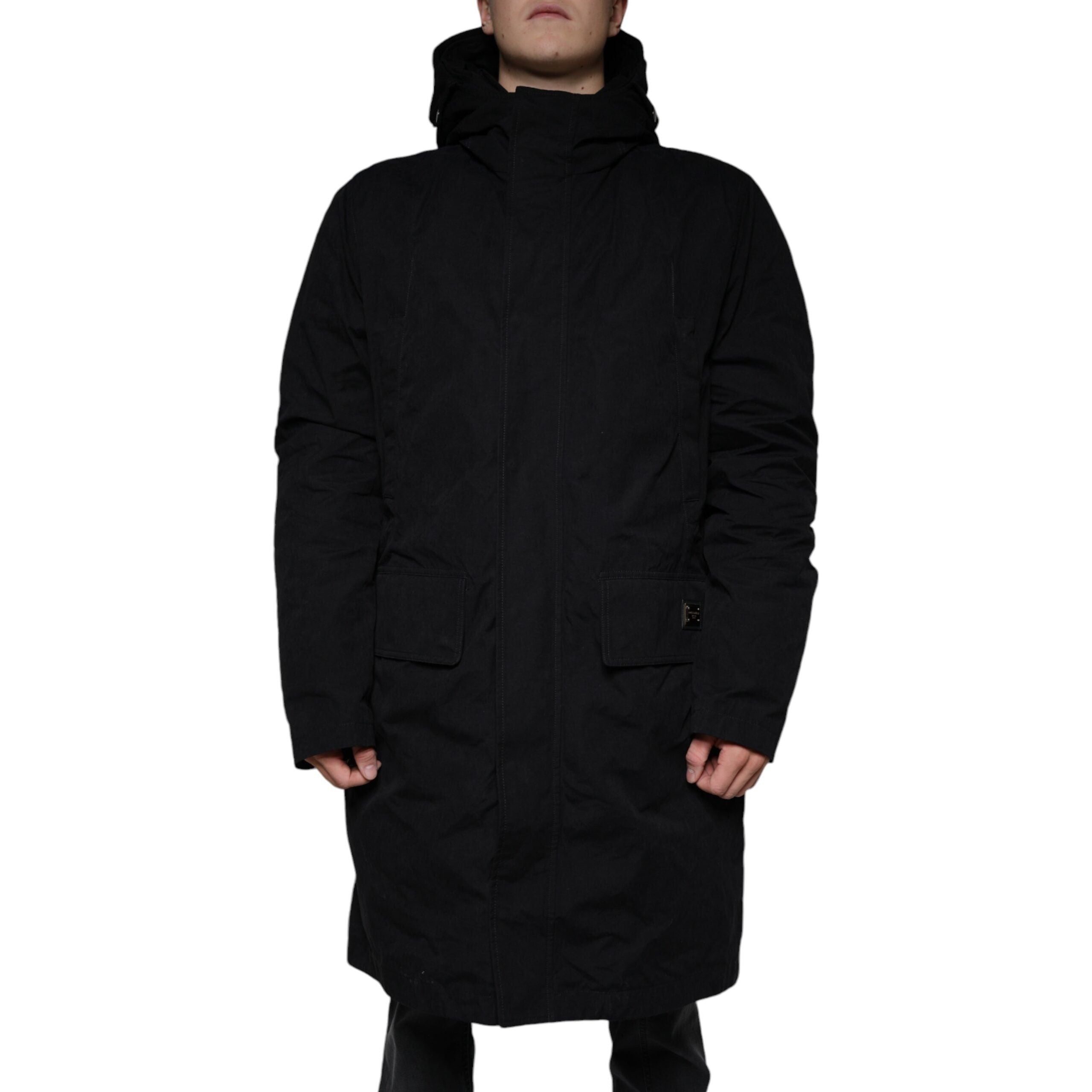Dolce & Gabbana Black Cotton Hooded Parka Trench Coat