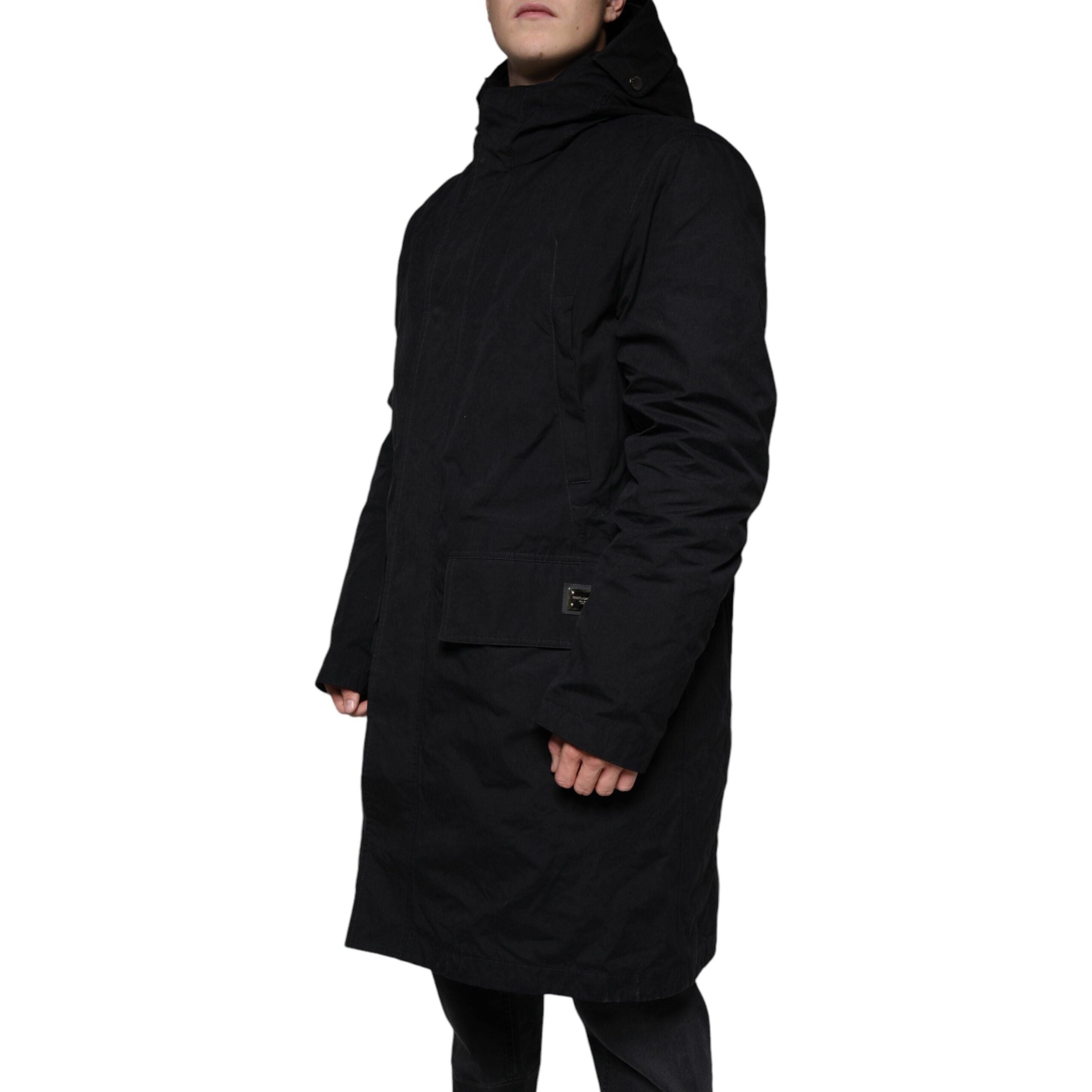 Dolce & Gabbana Black Cotton Hooded Parka Trench Coat