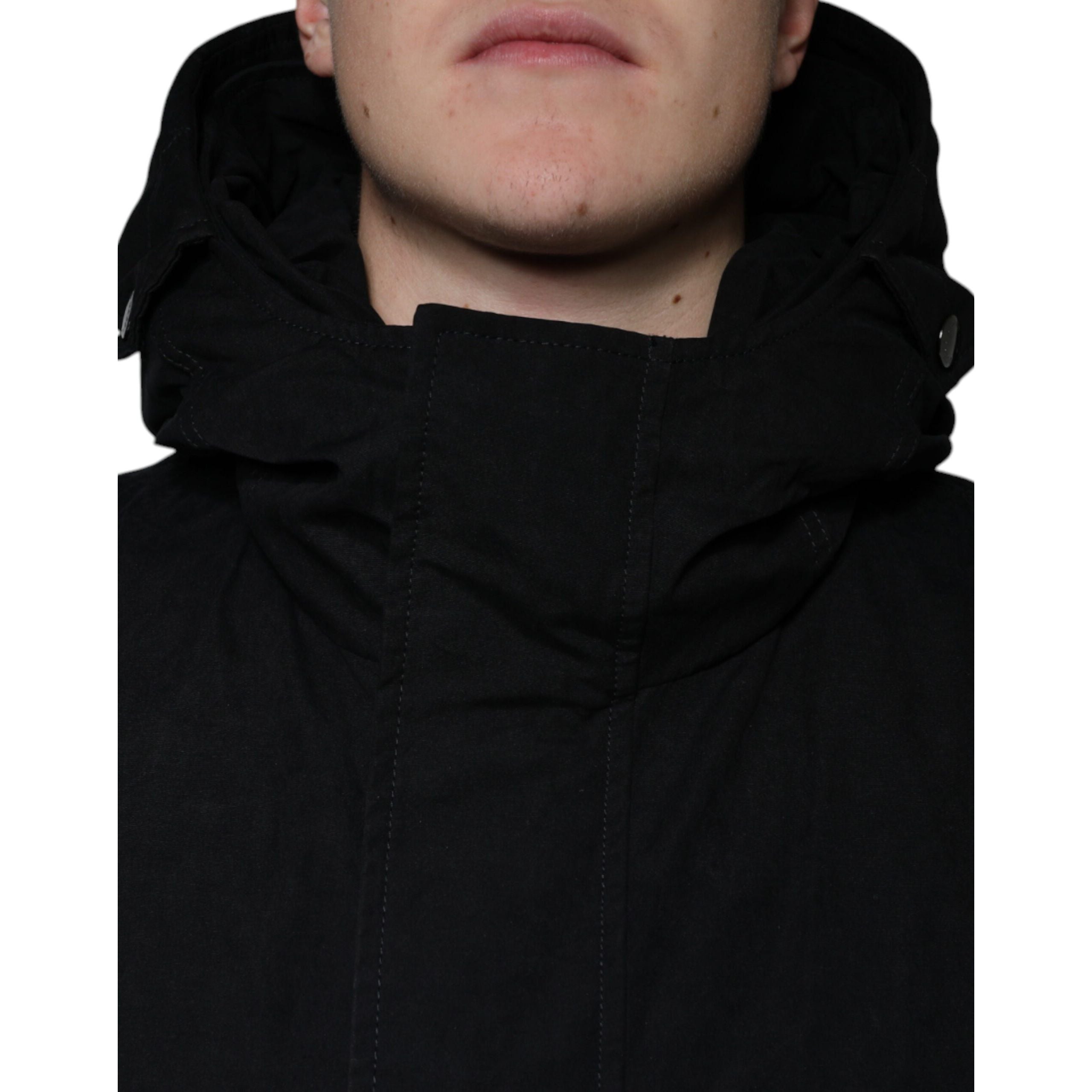 Dolce & Gabbana Black Cotton Hooded Parka Trench Coat