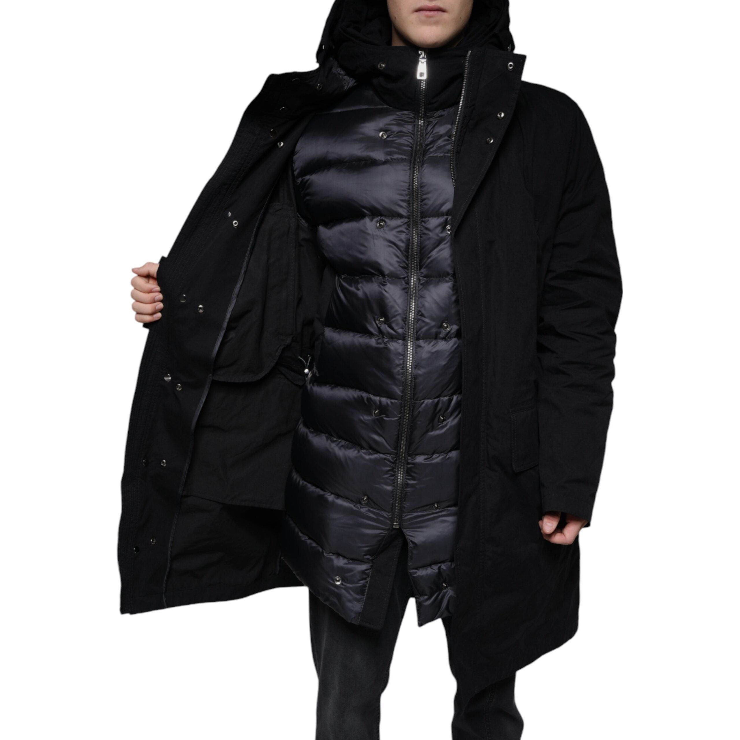 Dolce & Gabbana Black Cotton Hooded Parka Trench Coat