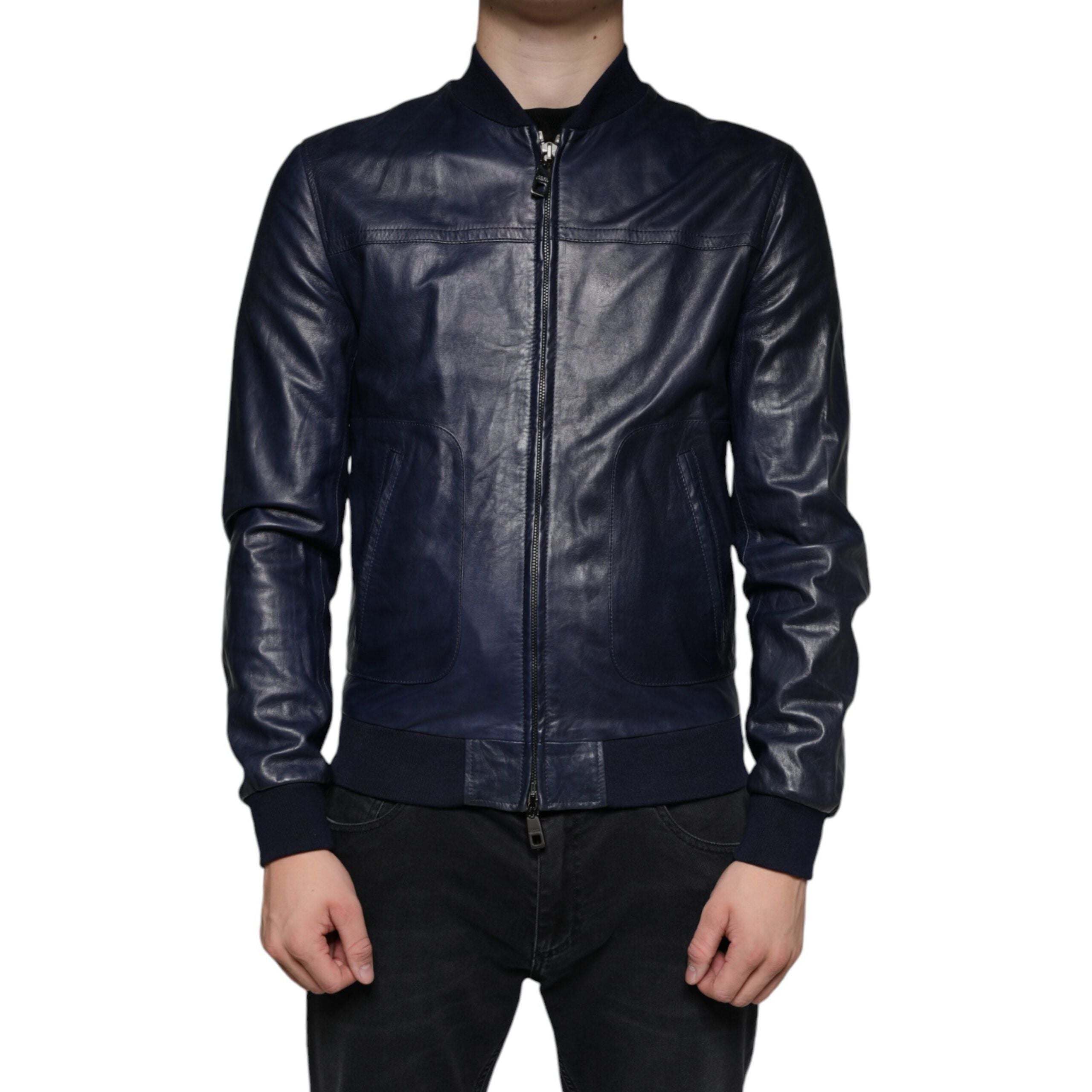 Dolce & Gabbana Blue Lambskin Leather Biker Jacket