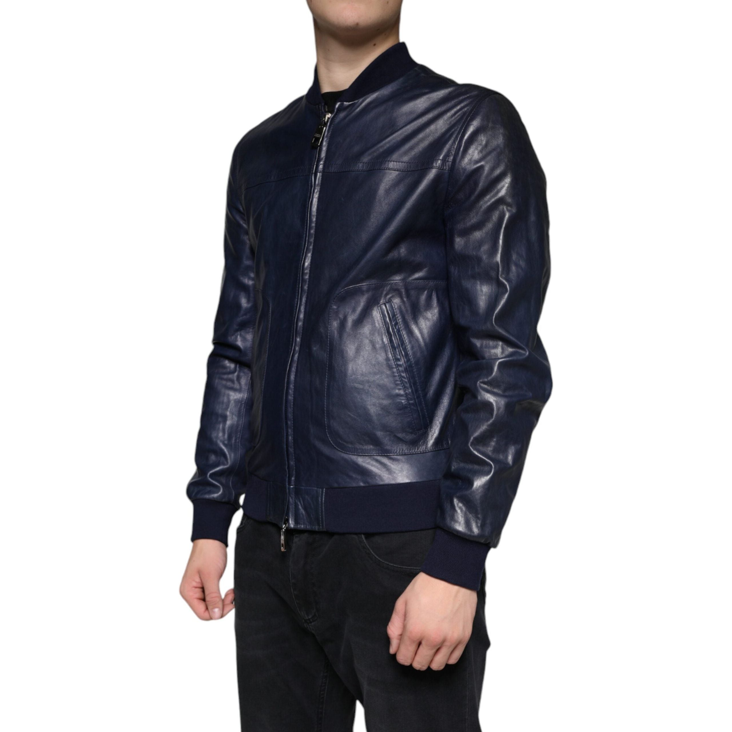 Dolce & Gabbana Blue Lambskin Leather Biker Jacket