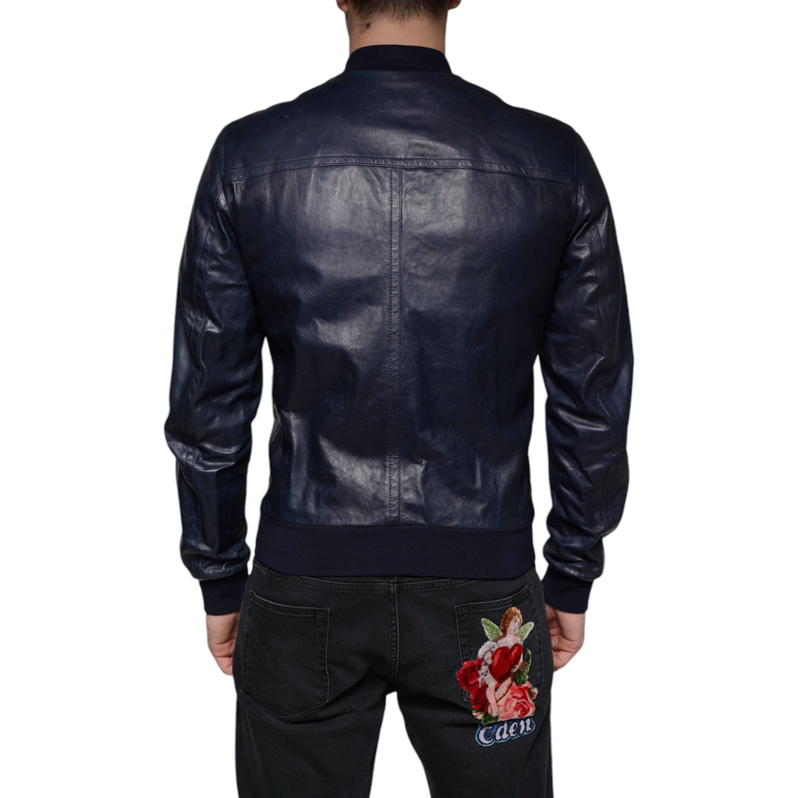 Dolce & Gabbana Blue Lambskin Leather Biker Jacket