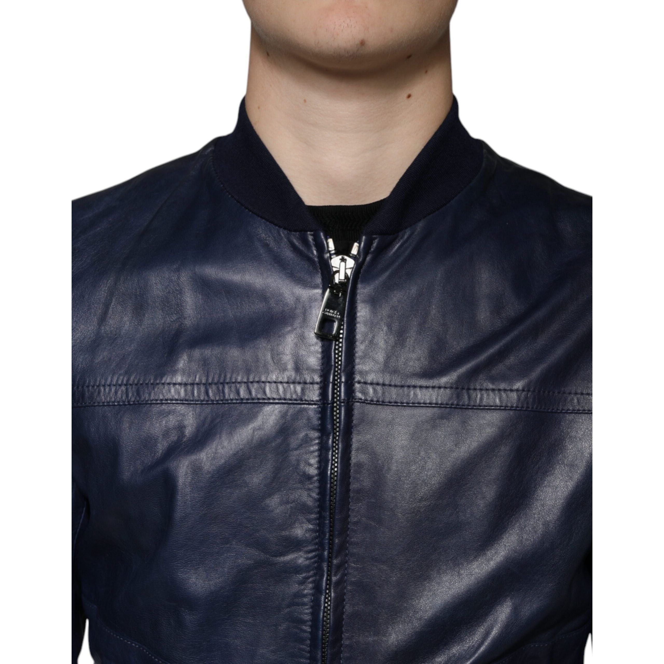 Dolce & Gabbana Blue Lambskin Leather Biker Jacket