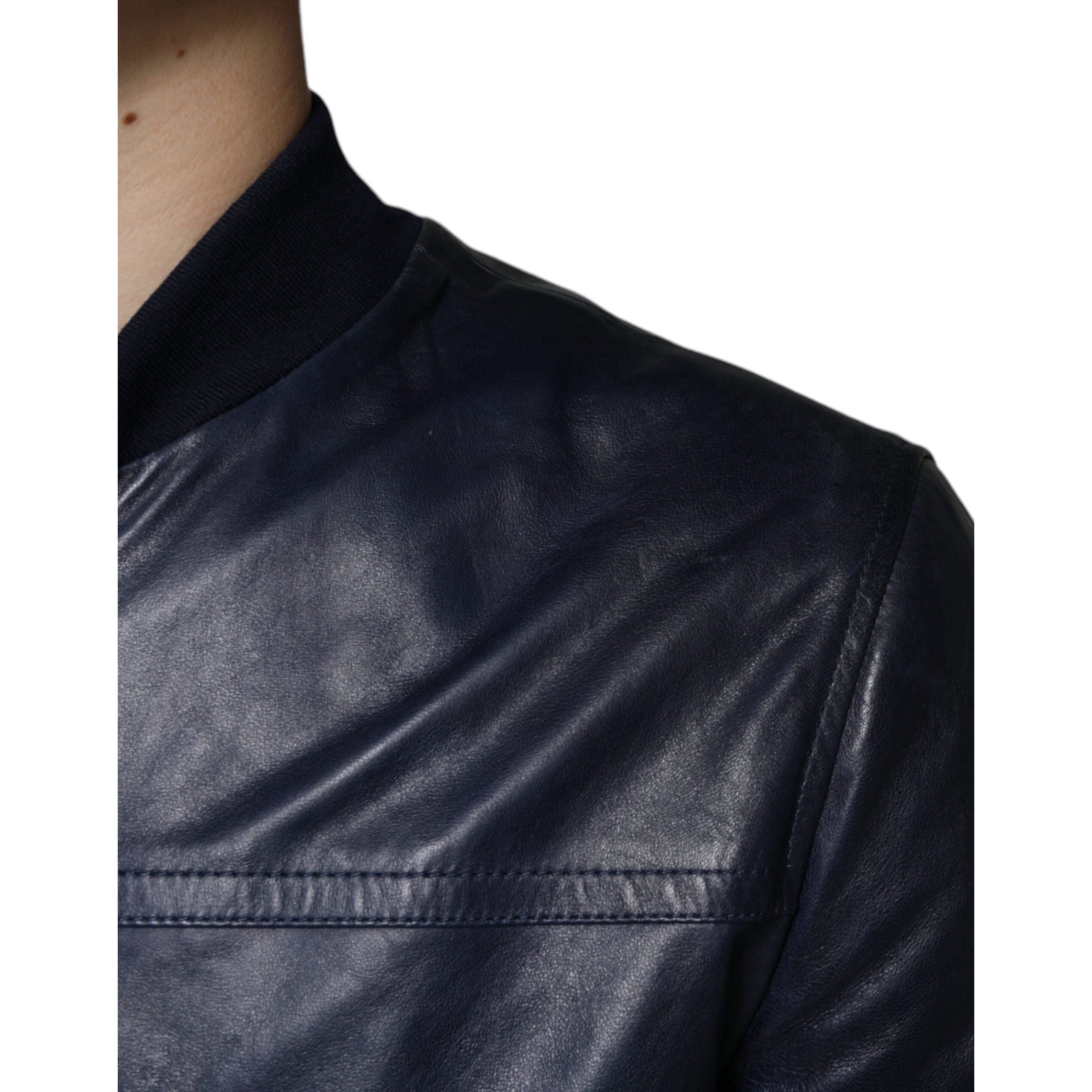 Dolce & Gabbana Blue Lambskin Leather Biker Jacket