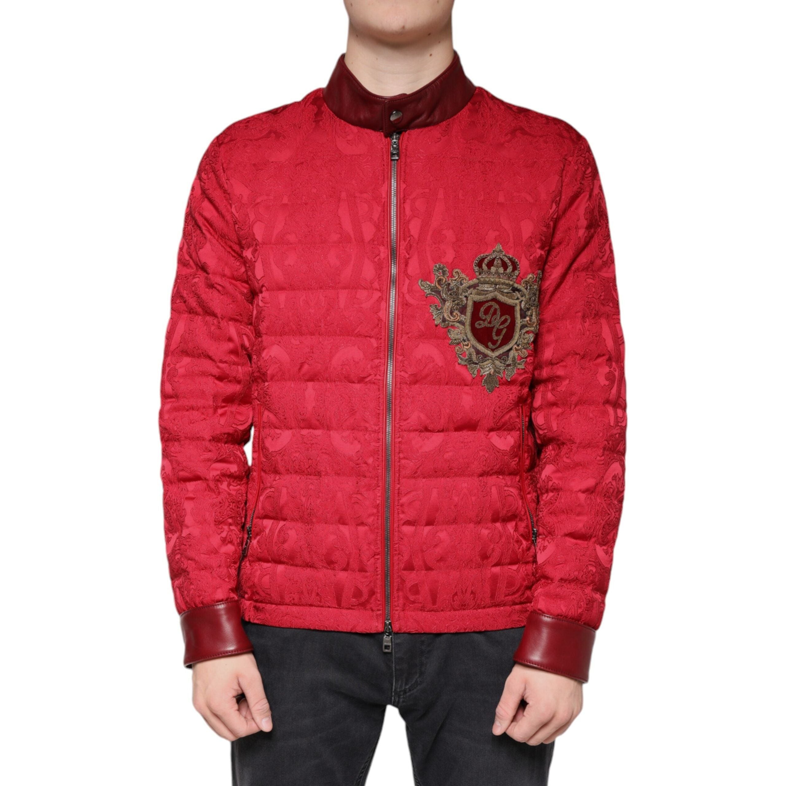 Dolce & Gabbana Red Quilted Fabric Bomber Gold Crown Logo Jacket
