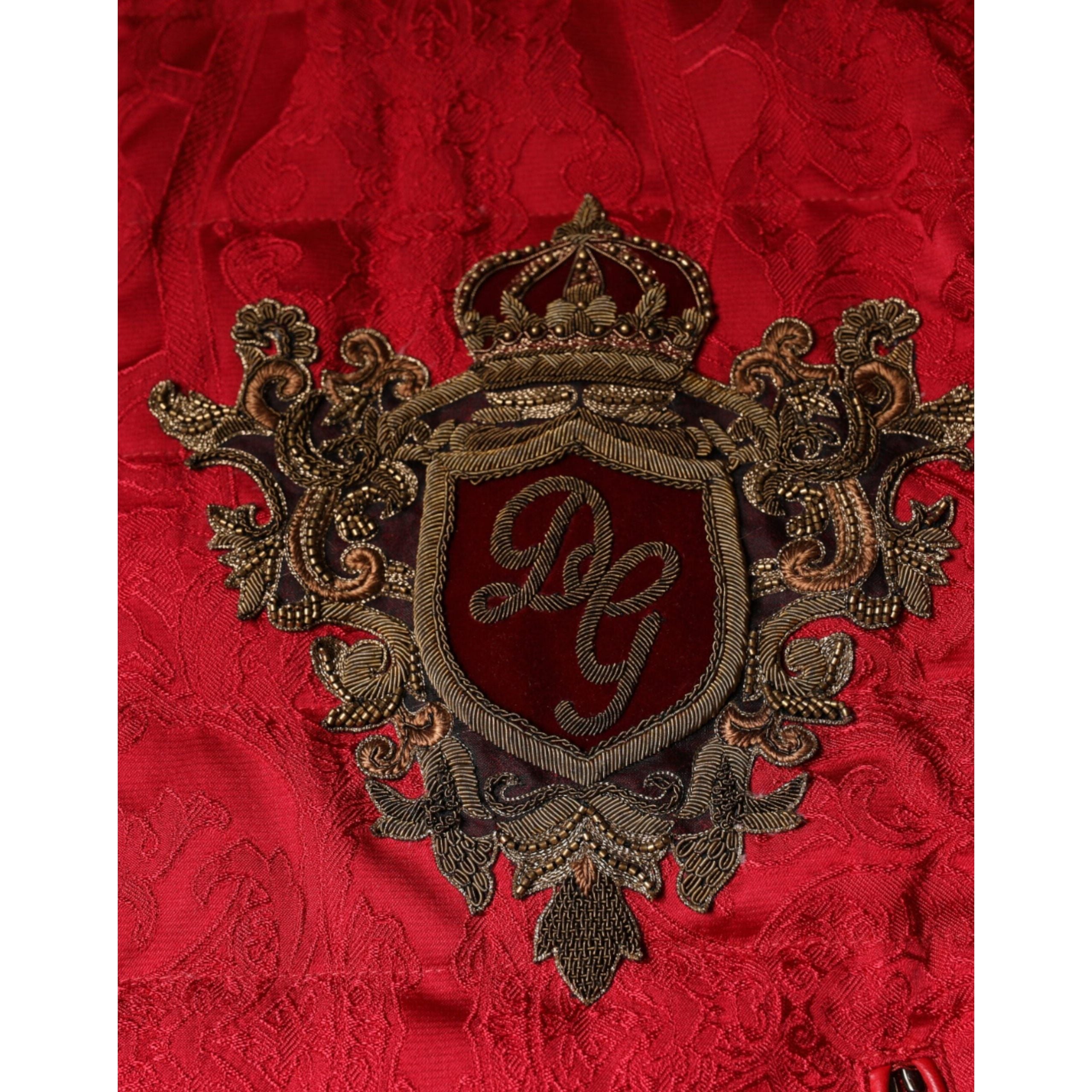 Dolce & Gabbana Red Quilted Fabric Bomber Gold Crown Logo Jacket