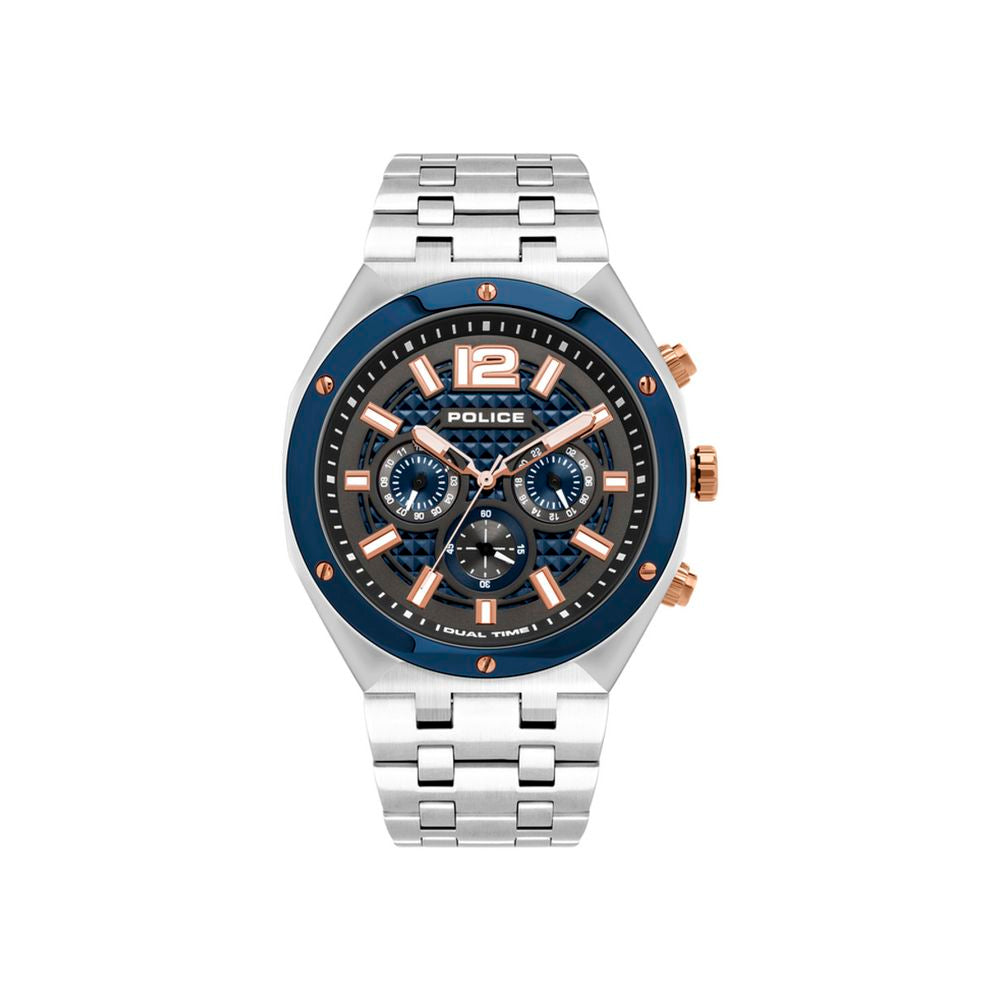Police Silver Stainless Steel Watch with Striking Blue Dial