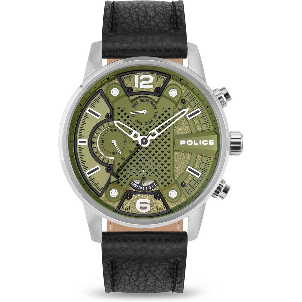 Police Black Leather Watch with Green Dial Elegance