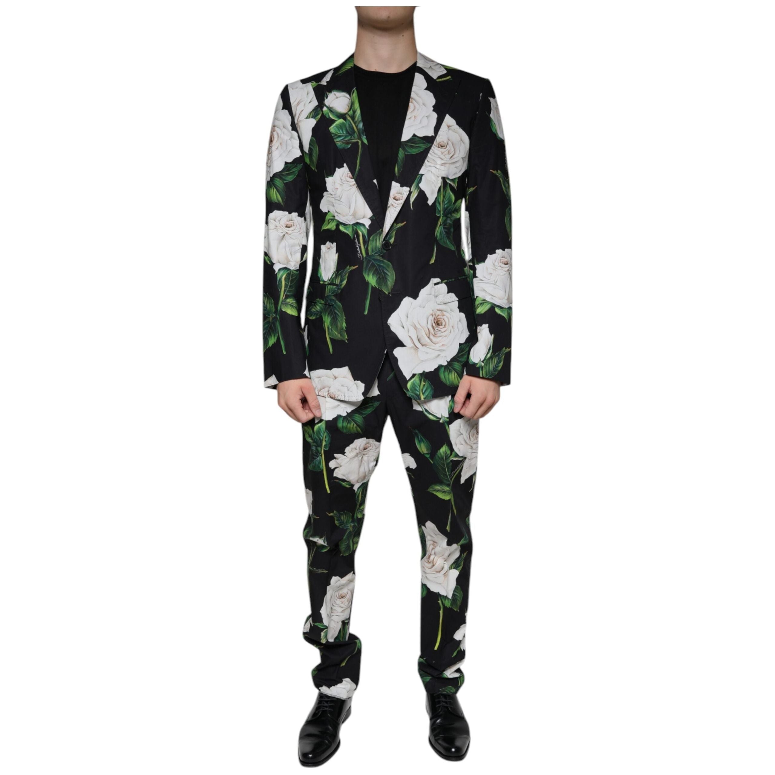 Dolce & Gabbana Black Rose Cotton Formal 2 Piece Suit