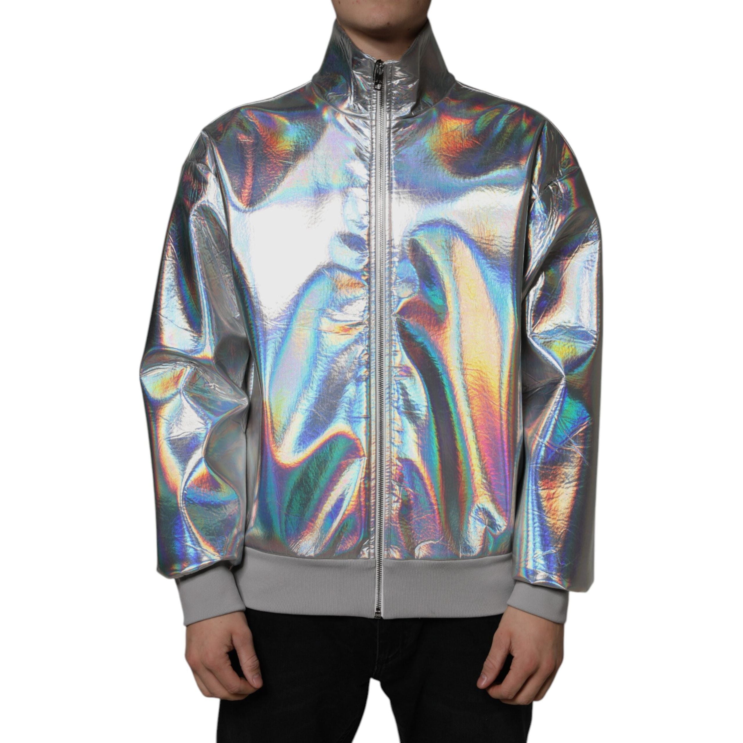 Dolce & Gabbana Silver Iridescent Satin Bomber Jacket