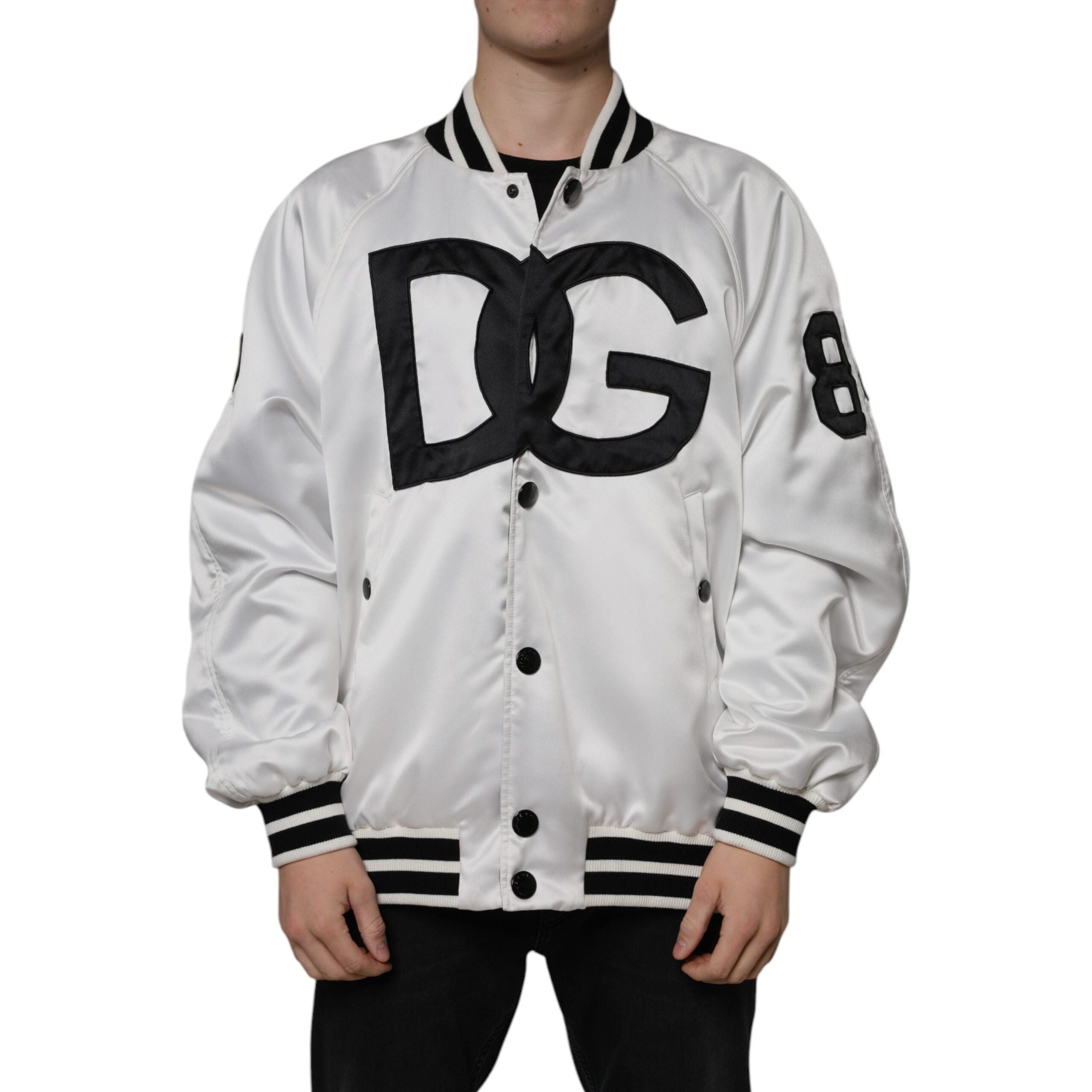 Dolce & Gabbana White Cotton Logo Full Zip Bomber Jacket