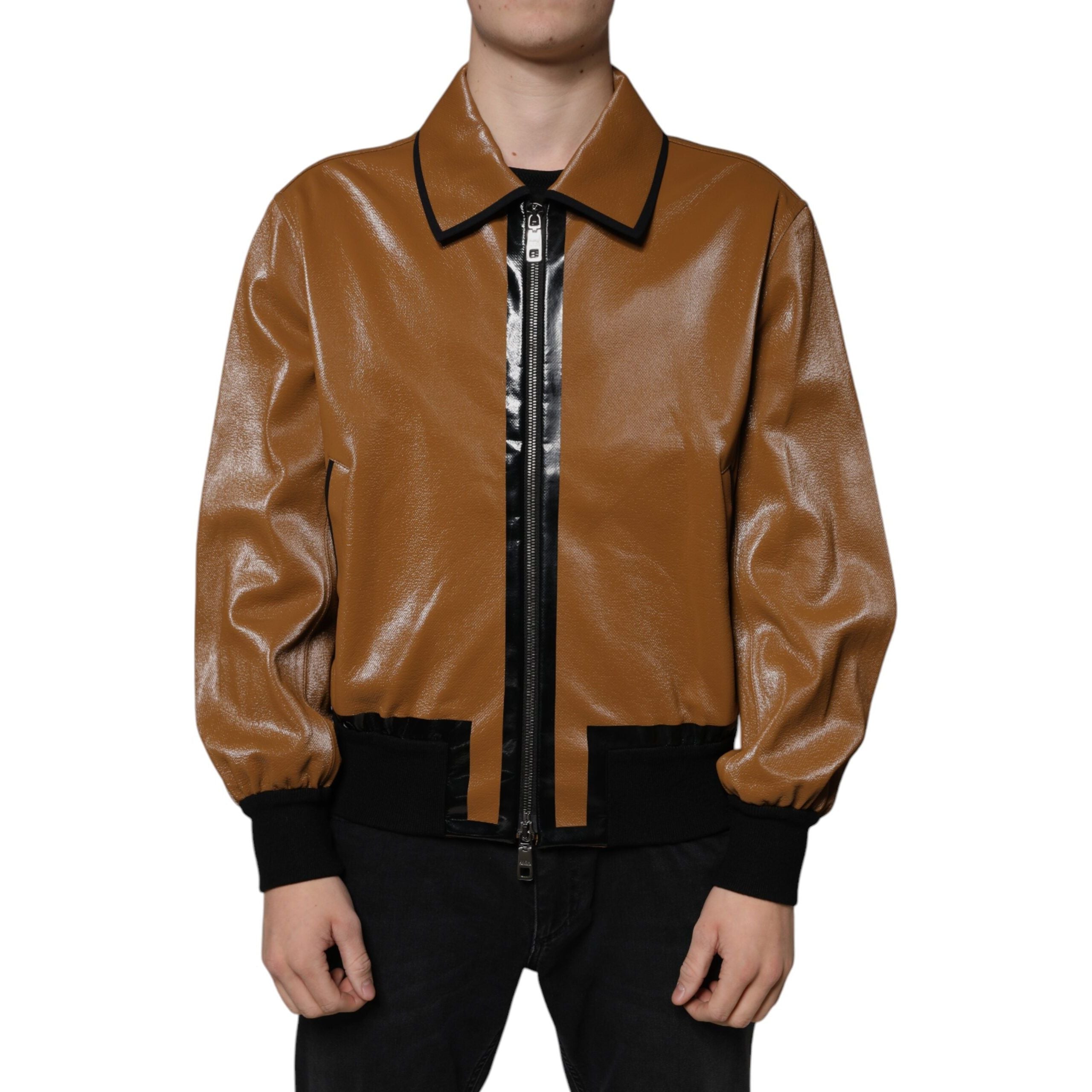 Dolce & Gabbana Brown Leather Full Zip Bomber Jacket