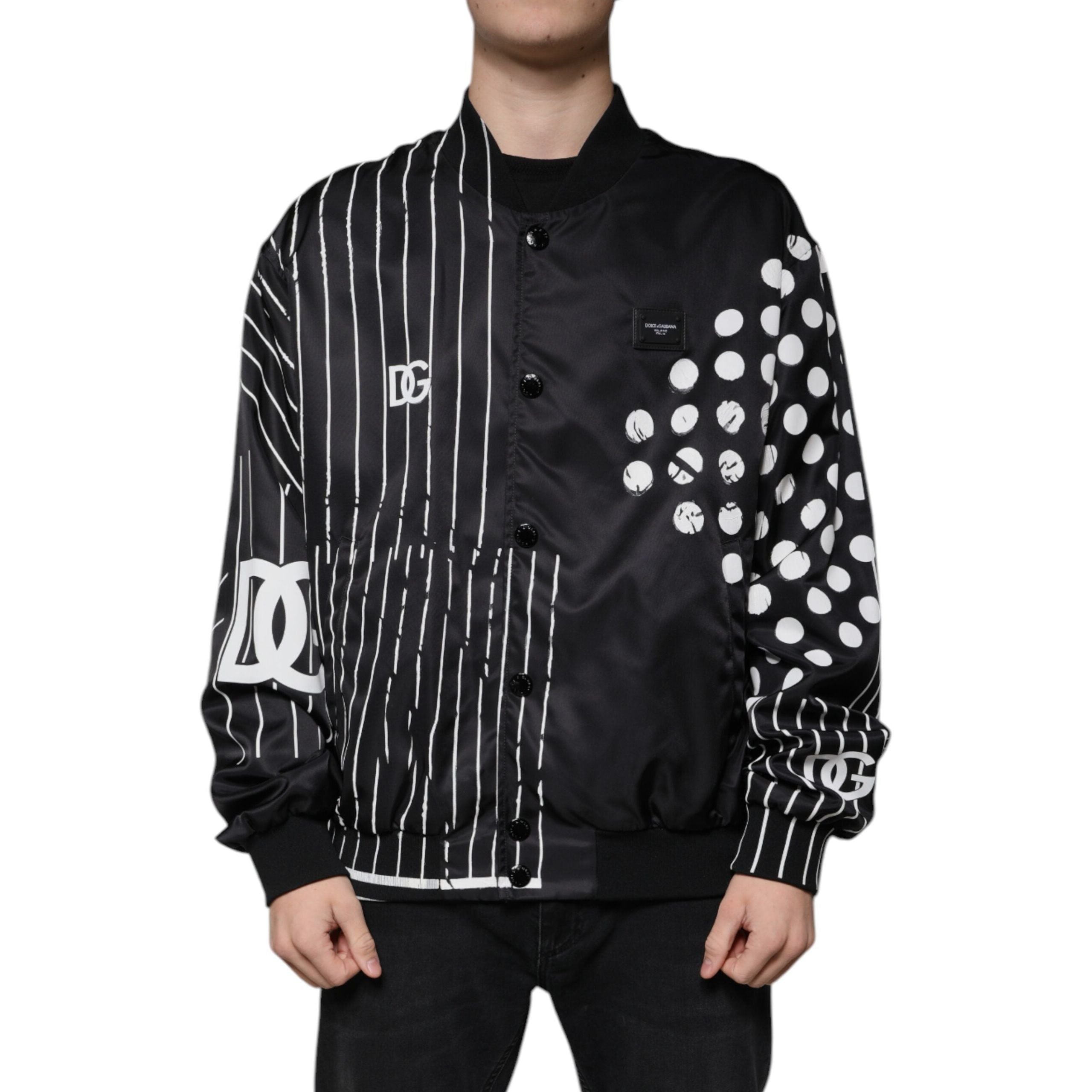 Dolce & Gabbana Black Nylon Polka Dot Stripe Bomber Jacket