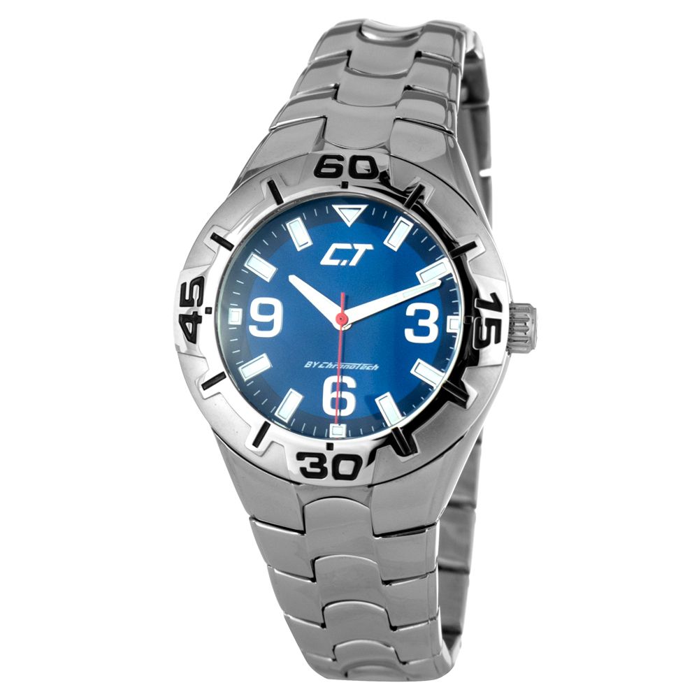 Chronotech Silver Steel Watch with Striking Blue Dial