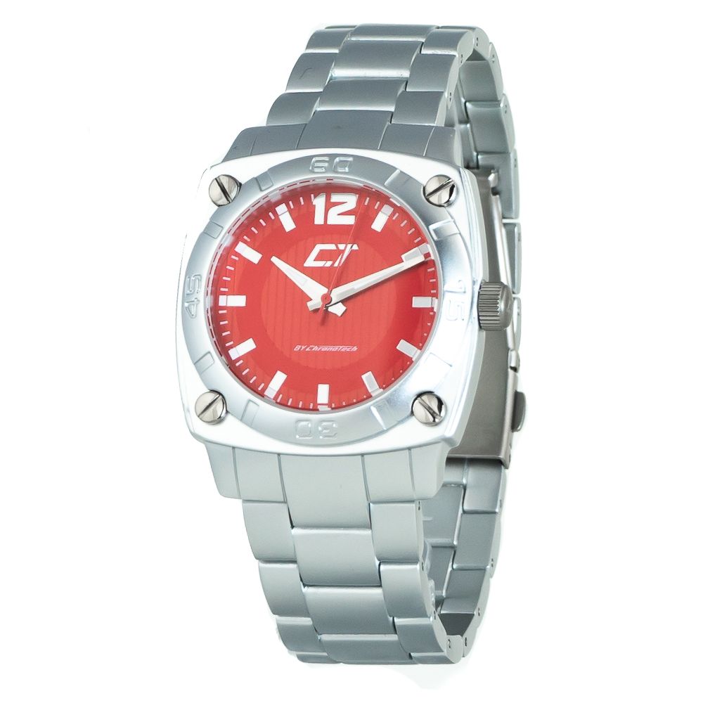 Chronotech Silver Stainless Steel Watch with Red Dial