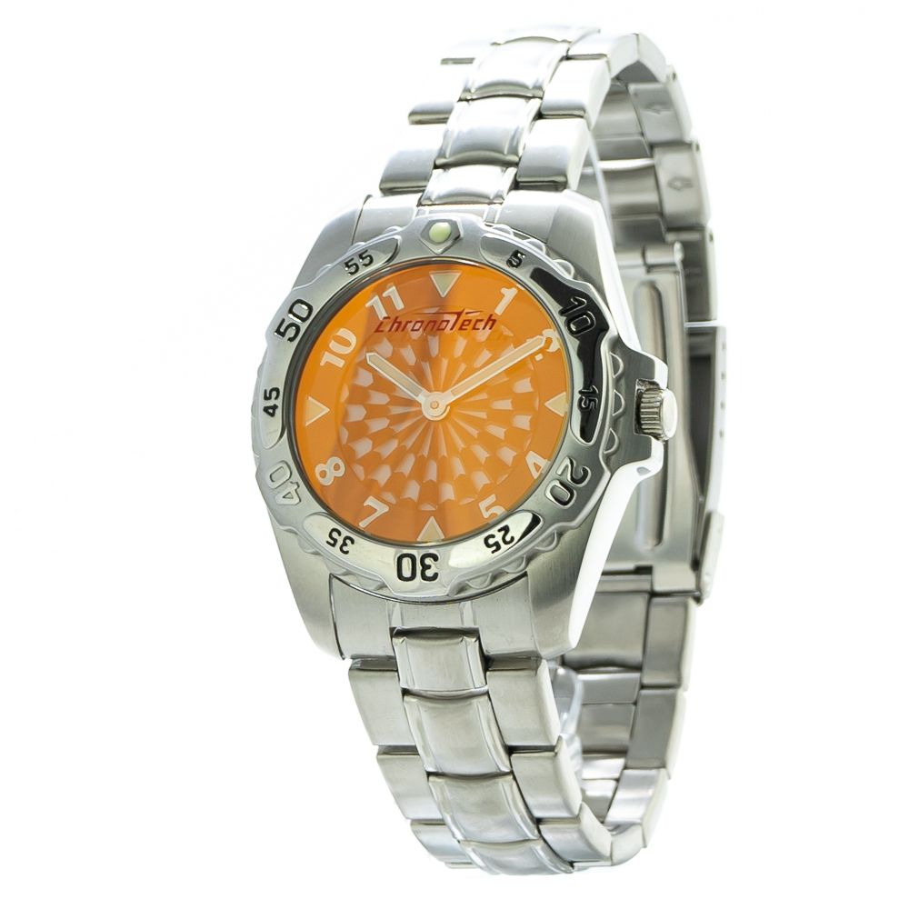 Chronotech Silver Steel Watch with Vibrant Orange Dial