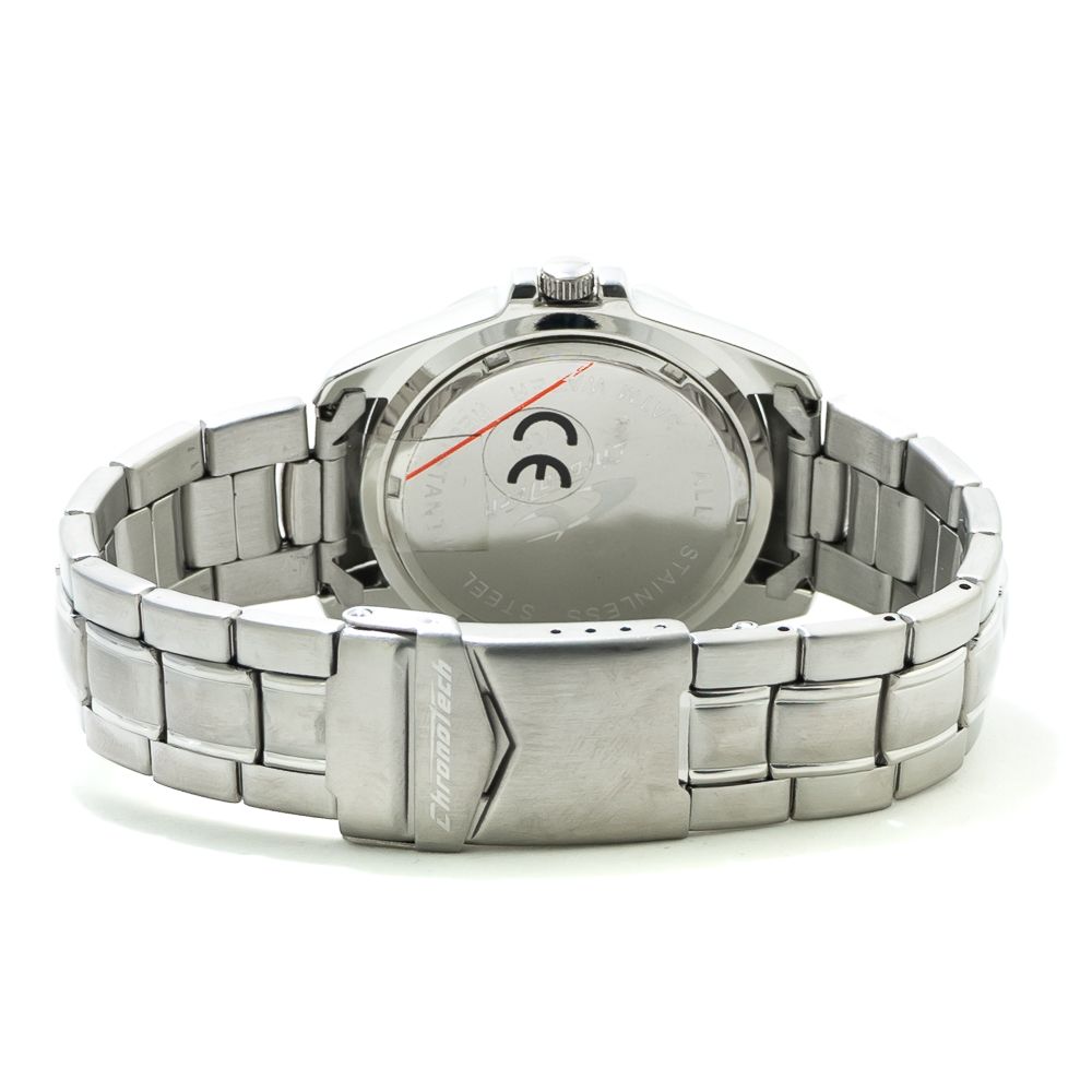 Chronotech Silver Steel Watch with Vibrant Orange Dial