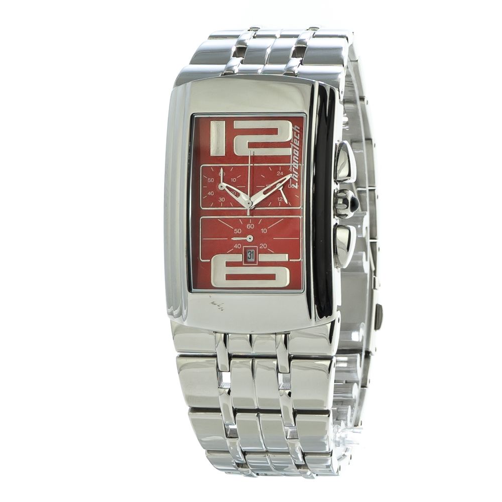 Chronotech Silver Steel Watch with Striking Red Dial