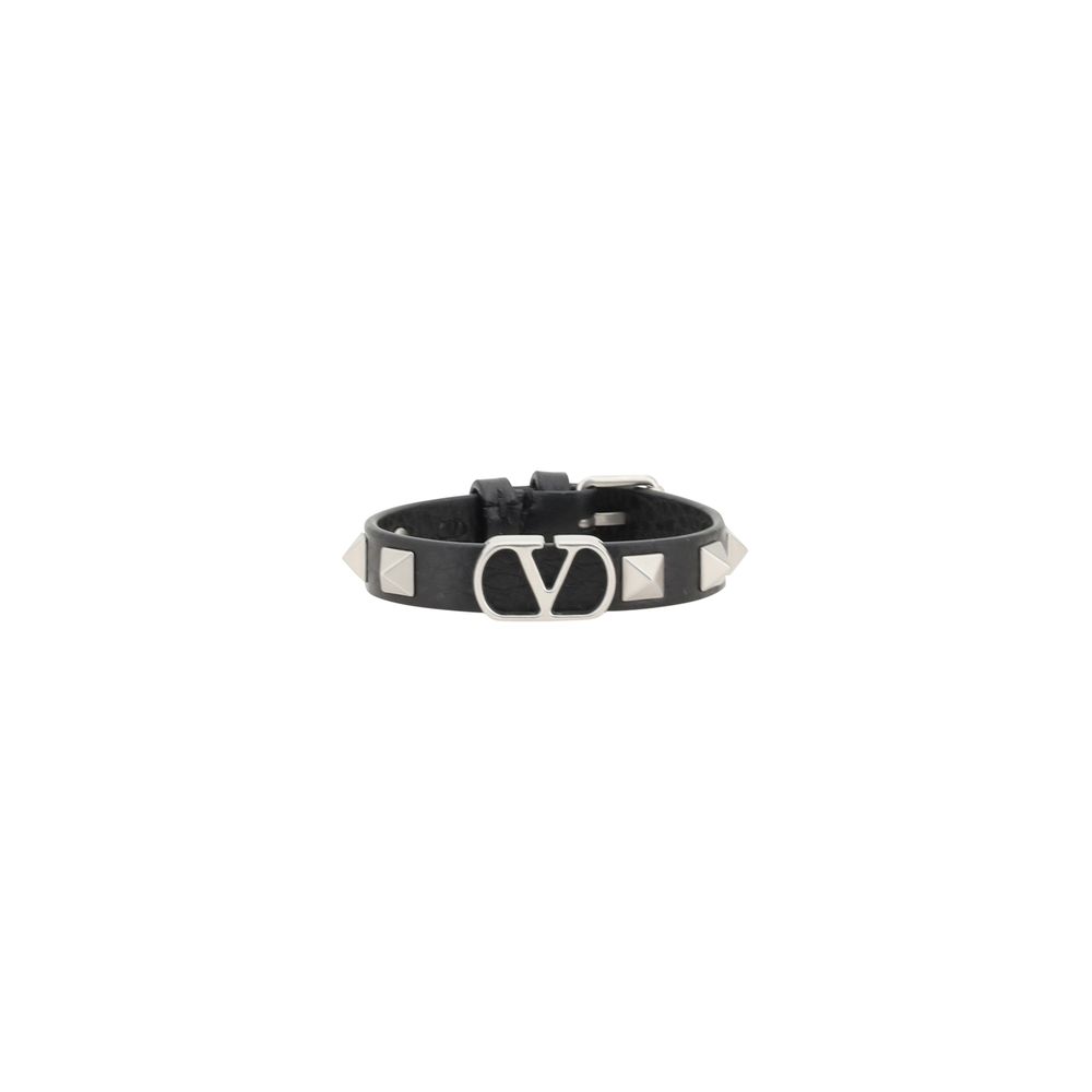 Valentino Black Leather Vlogo Bracelet with Rockstud Detail
