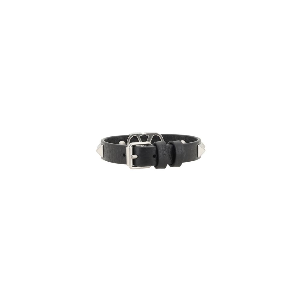 Valentino Black Leather Vlogo Bracelet with Rockstud Detail