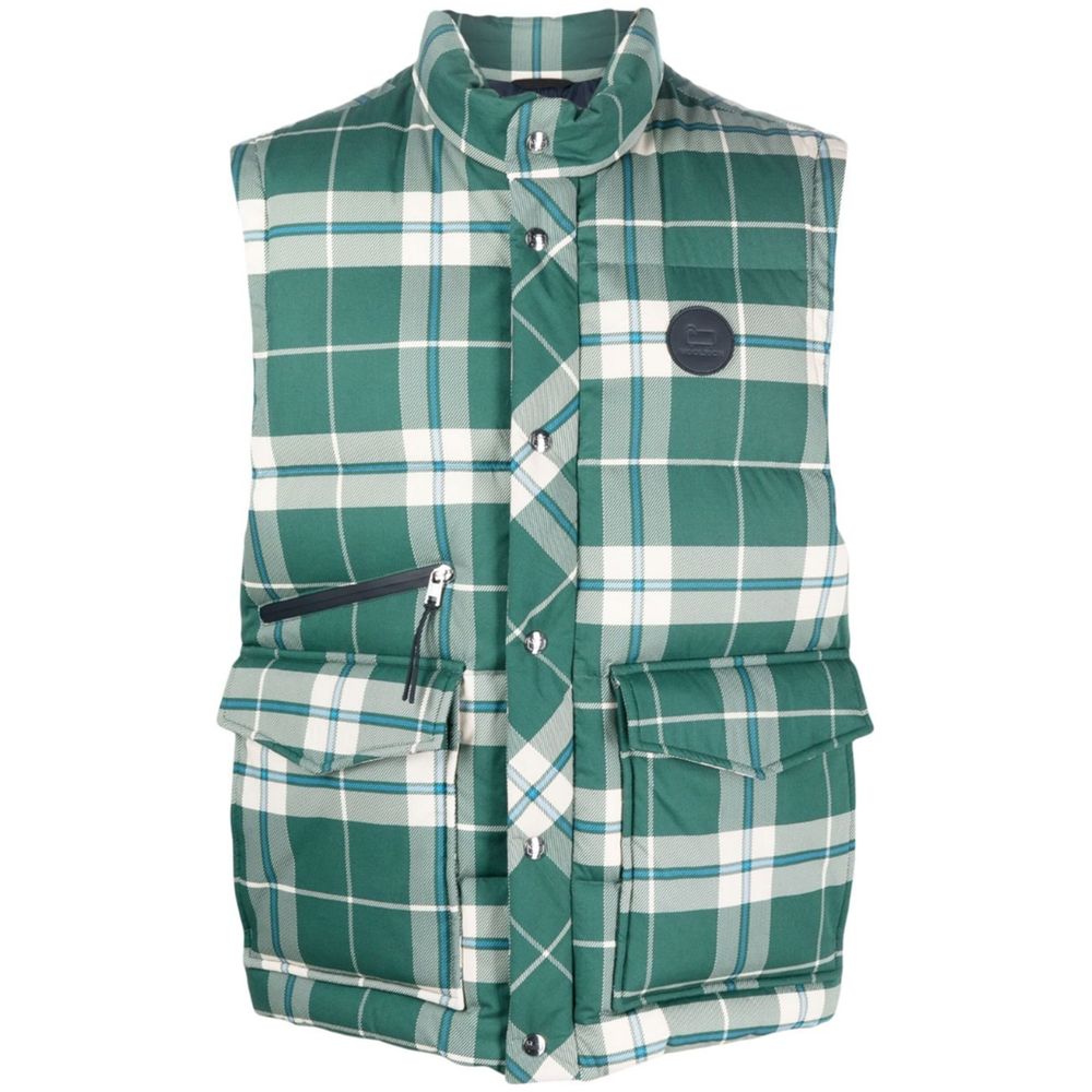 Woolrich Green Down Vest with Elegant Checked Print