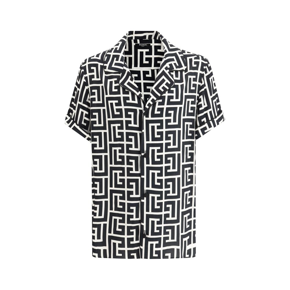 Balmain Black Cotton Shirt in Iconic Logo Weave