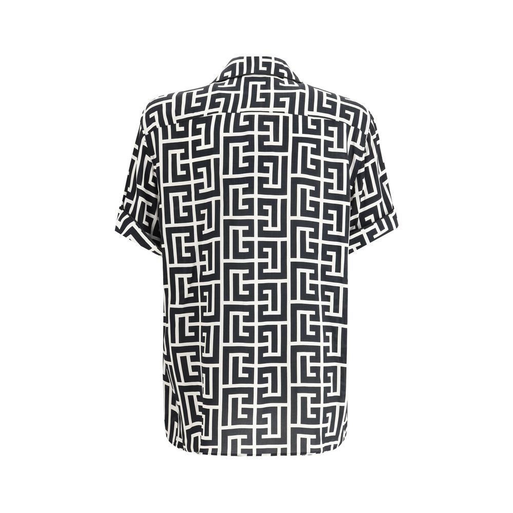 Balmain Black Cotton Shirt in Iconic Logo Weave