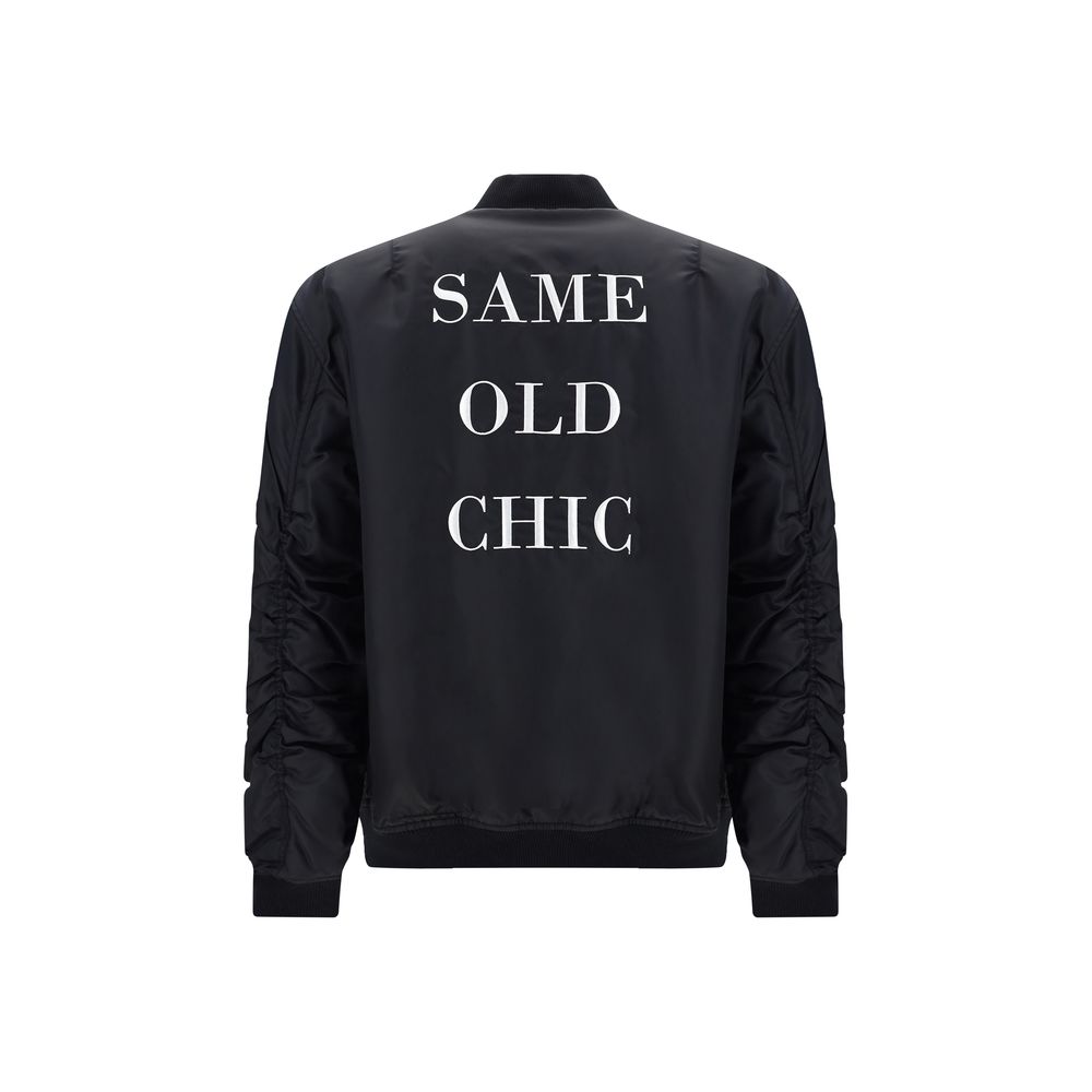 Moschino Black Satin Bomber Jacket with Iconic Contrast Print