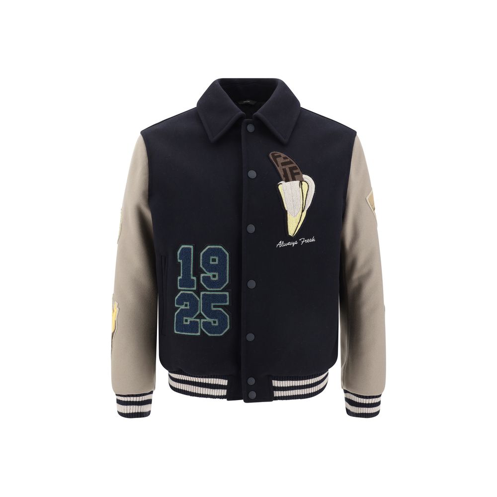 Fendi Black Wool College-Style Bomber Jacket for Elevated Style