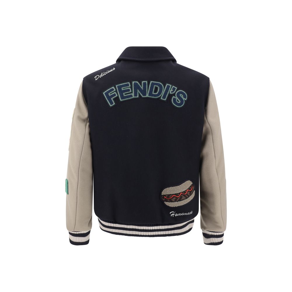 Fendi Black Wool College-Style Bomber Jacket for Elevated Style