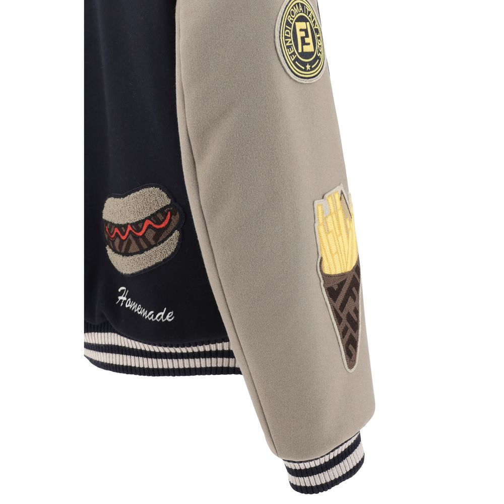 Fendi Black Wool College-Style Bomber Jacket for Elevated Style
