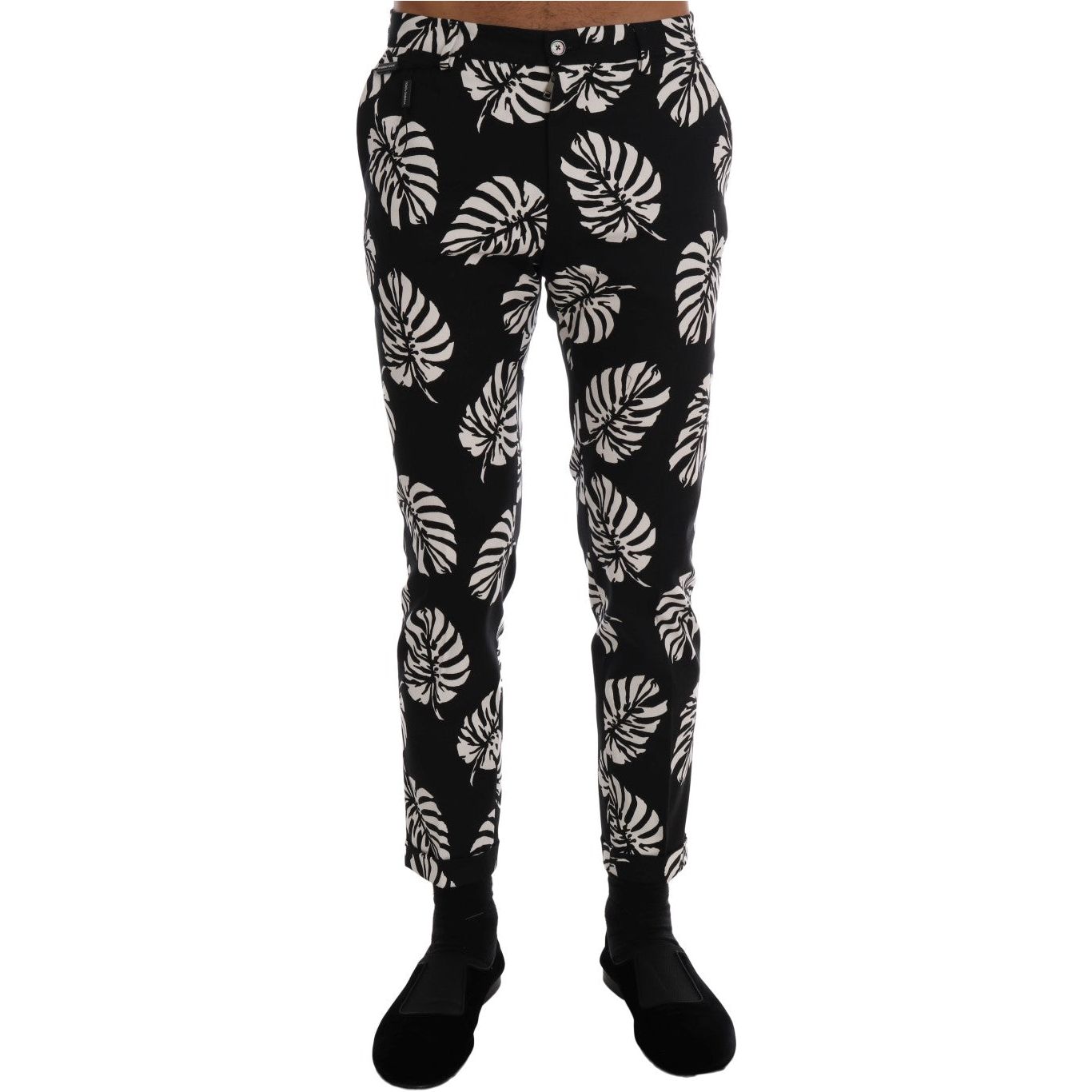 Dolce & Gabbana Black Cotton Leaf Print Ankle Pants