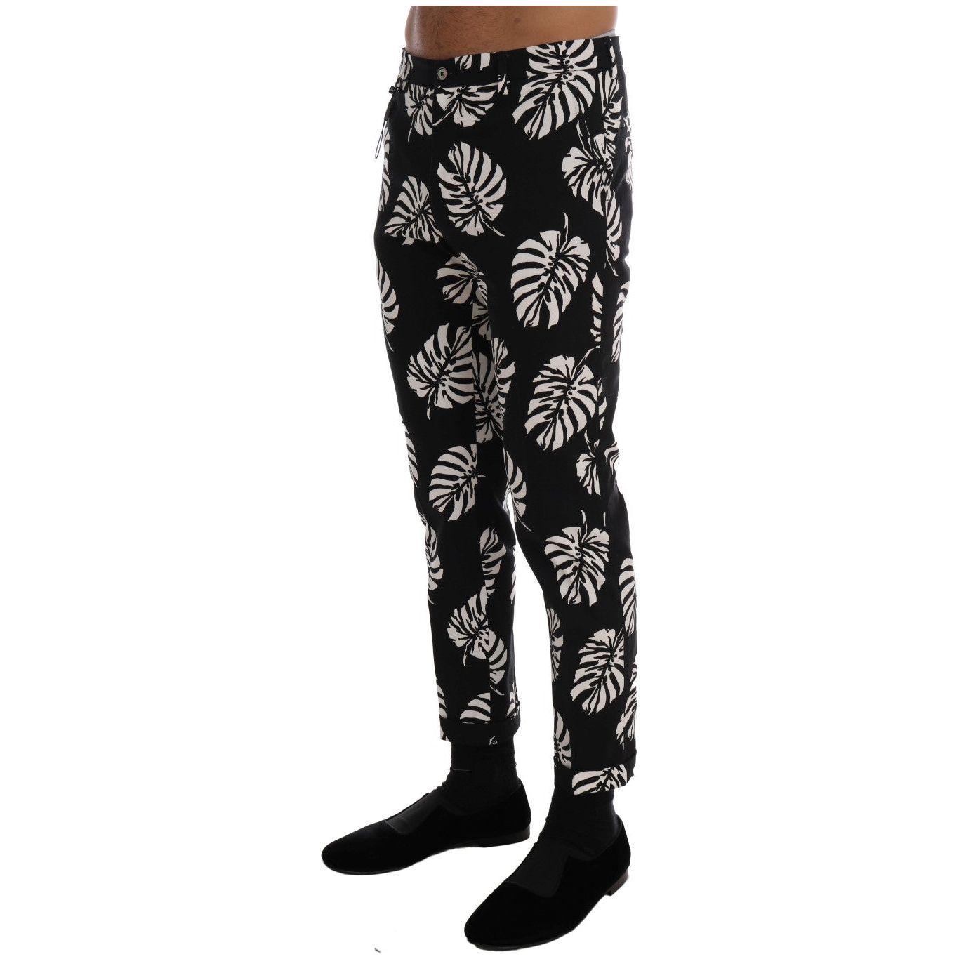 Dolce & Gabbana Black Cotton Leaf Print Ankle Pants