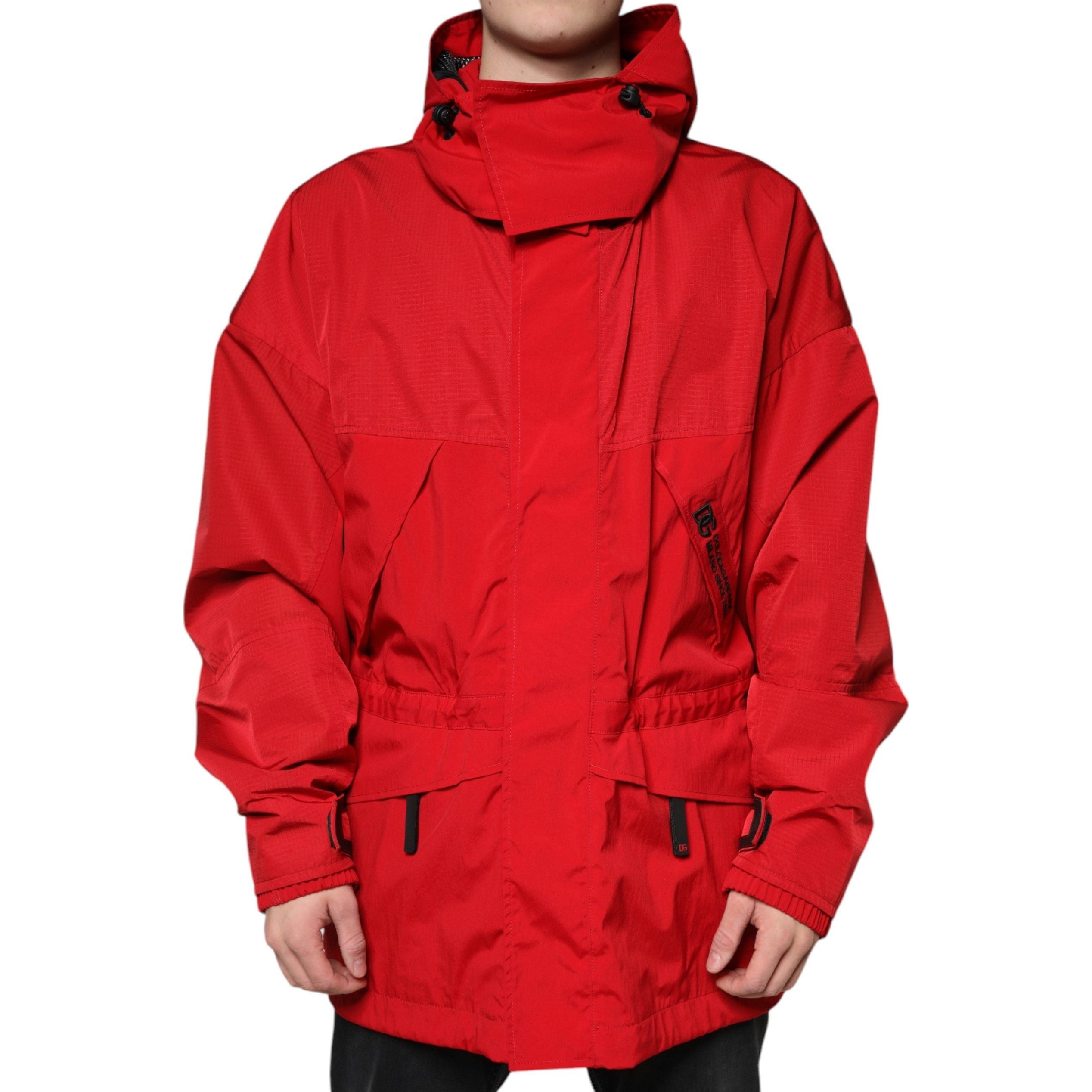Dolce & Gabbana Red Nylon Hooded Full Zip Parka Jacket