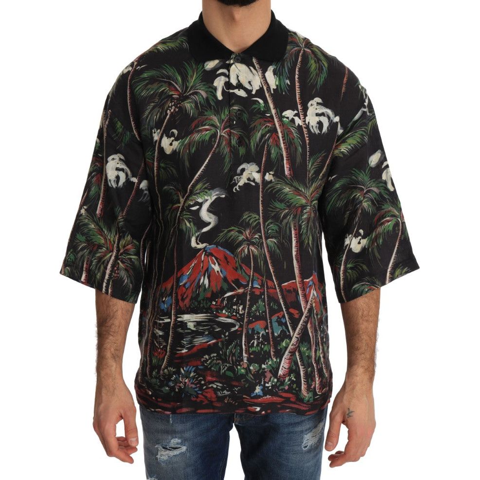 Dolce & Gabbana Black Cotton Sicilian Volcano Motive Polo Tee Luxury