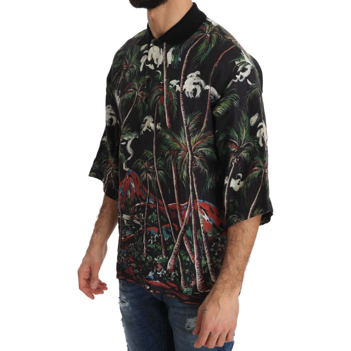 Dolce & Gabbana Black Cotton Sicilian Volcano Motive Polo Tee Luxury