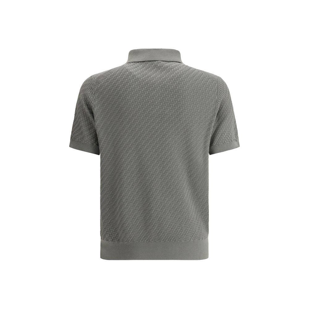 Brioni Navy Cotton Polo Shirt with Woven Pattern
