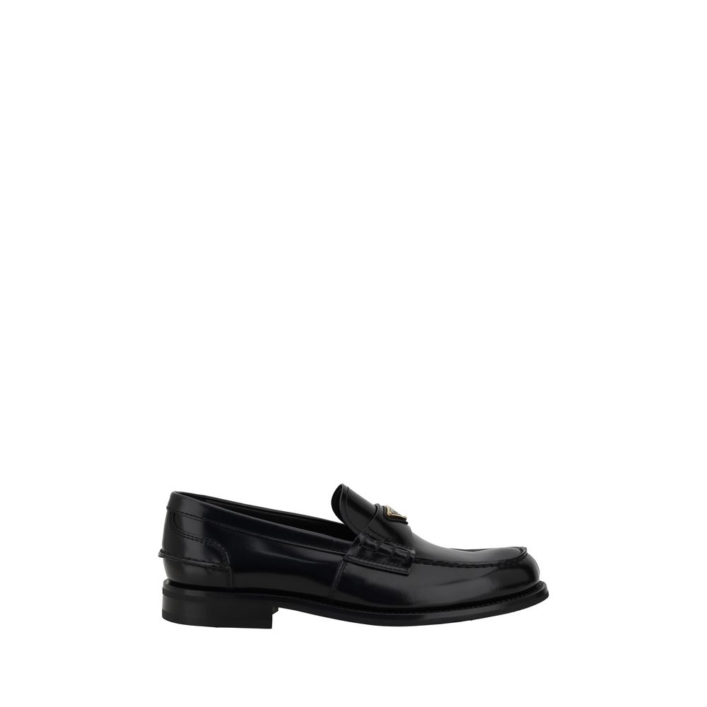 Prada Black Leather Triangular Plaque Loafers