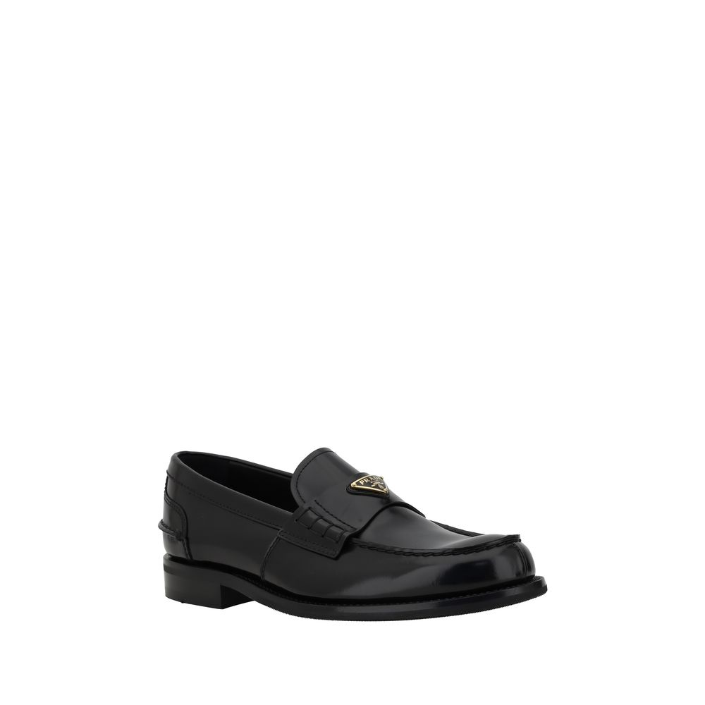 Prada Black Leather Triangular Plaque Loafers