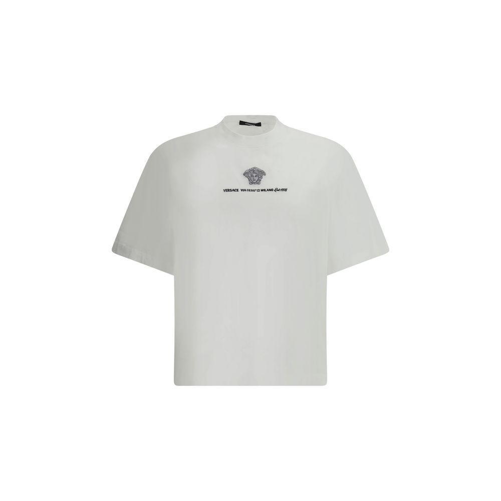 Versace White Cotton T-Shirt with Iconic Monogram Elegance